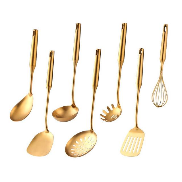 Kitchen Utensil Set -7PCS Gold 18/8(304) Stainless Steel -Wide Spatula,Soup Ladle,Strainer Ladle,Slotted Spatula,Spaghetti Server,Rice Scoop Spoon and Whisk