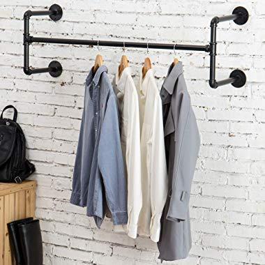 MyGift Industrial Black Metal Wall-Mounted Garment Rack/Hanging Clothes Bar Display