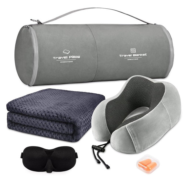 urnexttour Travel Pillow and Blanket Set Neck Pillows Soft Blankets with Sleep Mask Travel Essentials for Airplane Car Memory Foam Grey