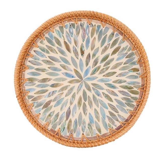 Rattan Serving Tray with Mother of Pearl Inlay for Home Decor and Coffee Table Decor Wicker and Woven Tray Round Decorative Serving Tray