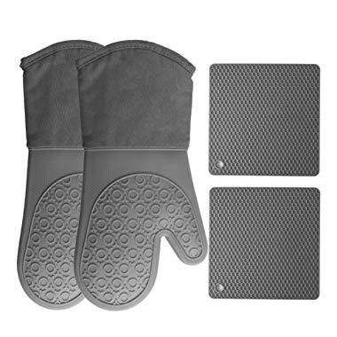 HOMWE Silicone Oven Mitts and Pot Holders (4-Piece Set) Heavy Duty Cooking Gloves, Kitchen Counter Safe Trivet Mats | Advanced Heat Resistance, Non-Slip Textured Grip(Gray)