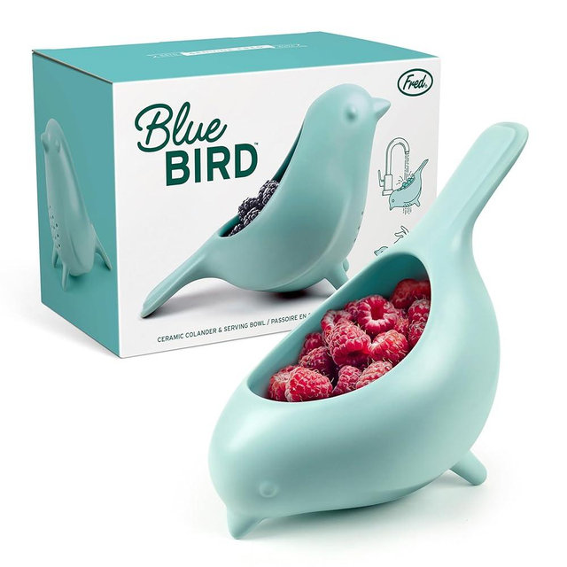 Genuine Fred BLUE BIRD Ceramic Colander, Charming, Unique Design, Berry Colander, Fun Kitchen Gadget