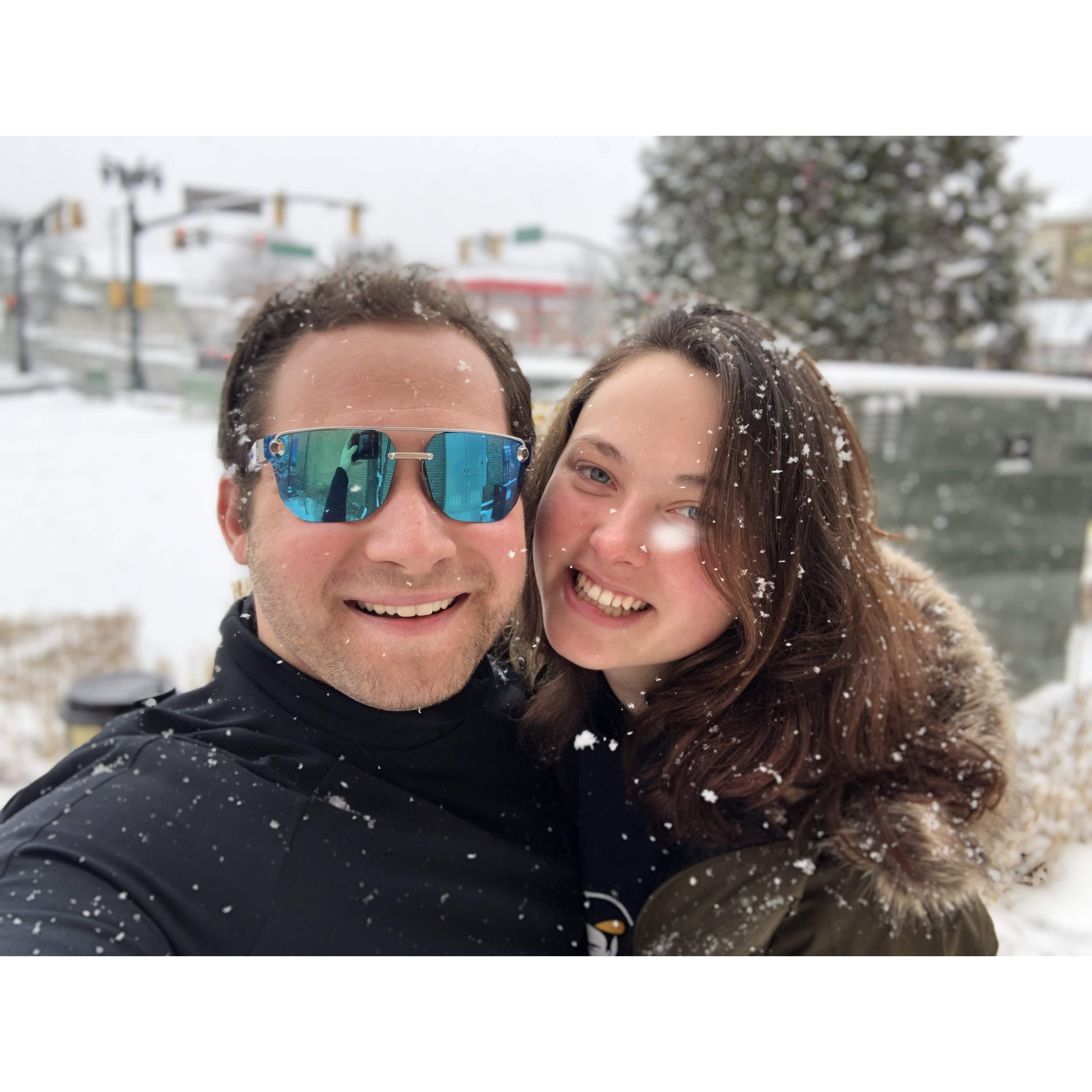 The first snowfall of 2019! We both love snow, so this was a favorite photo of ours for years!