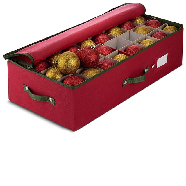 ZOBER Underbed Christmas Ornament Storage Box Zippered Closure - Stores up to 64 of The 3-inch Standard Christmas Ornaments, and Xmas Holiday Accessories Storage Container with Dividers & Two Handle