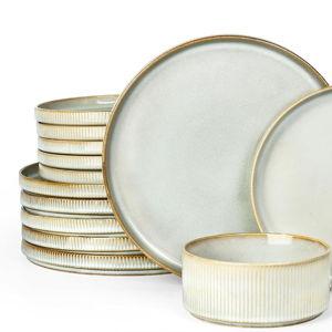 Famiware Modern Stoneware Dinnerware Set for 6, 18-Piece Kitchen Dish Set in Cappuccino White