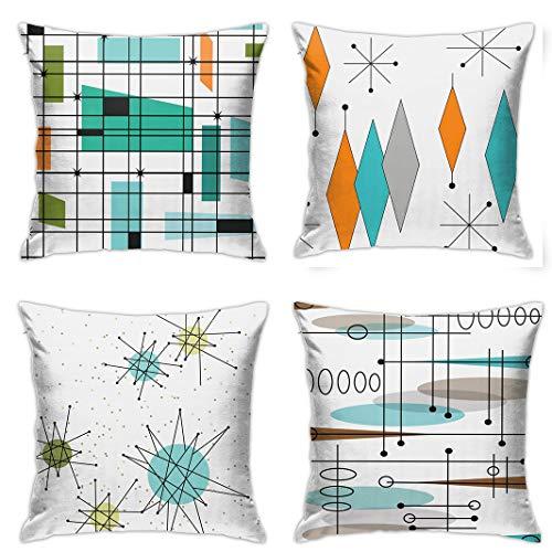 ABSOP Mid Century Pillow Covers 18 x 18 Set of 4 Midcentury Modern Throw Pillow Cover Teal Grid Pillowcase Atomic Starburst Orange Pillow Cases Home Decor Cushion Covers