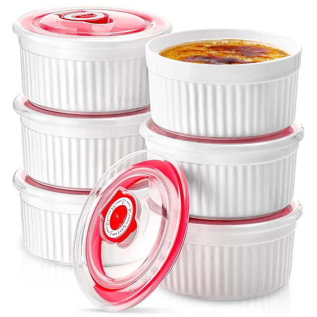Mfacoy Ramekins with Lids Set of 6, 8 oz Porcelain Creme Brulee Souffle Ramekins with Covers, White Pudding Custard Cups Ramiken for Baking, Small Bowls for Sauces Dessert, Dishwasher and Oven Safe