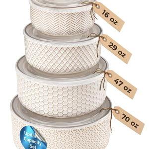 KooK Serving Bowls, with Lids, Ceramic Mixing Bowls, Nesting, Set of 4, Embossed, Kitchen, Prep, Stackable, Mix, Gift, Microwave and Dishwasher Safe, 16/29/47/70 oz, Narbonne Collection (Ivory)