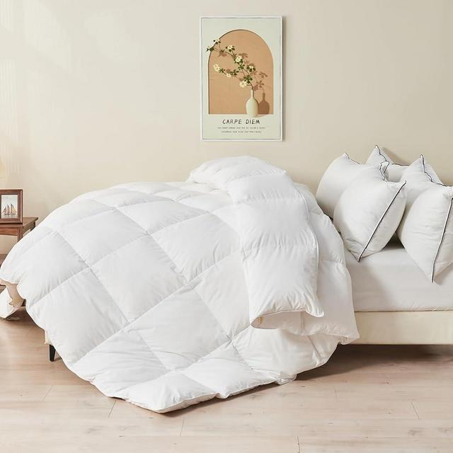 TOPGREEN 100% Organic Feather Down Comforter Full/Queen Size, Luxury Extra-Fluffy Duvet Insert, All Season Bed Comforter with Ultra-Soft Organic Cotton Case (90x90 Inch, Ivory White)