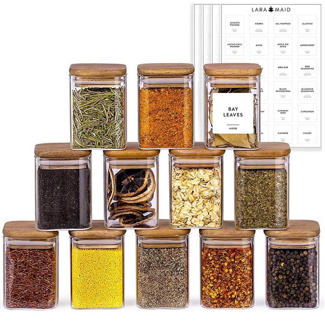 Laramaid 7Oz 12Pack Square Spice Jars with Natural Acacia Lids and 144 Minimalist White Spice Labels, Food Storage Container Canisters for Home Kitchen, Spice, Herbs, Seasoning, Seed, Tea, Sugar, Salt