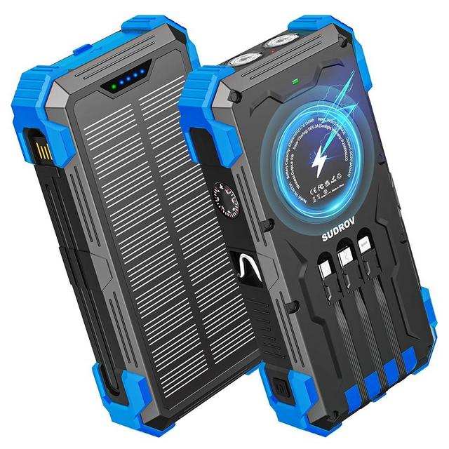 Sudrov Solar Charger Power Bank, 42800mAh Wireless Portable Charger with USB-C in/Output, QC3.0 Fast Charging 15W 4 Ports Outdoor Battery Pack Built-in Dual Led Flashlights for iPhone Samsung etc