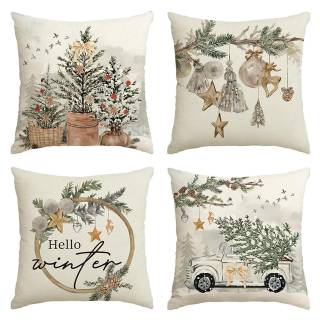 AVOIN colorlife Hello Winter Eucalyptus Holly Berries Snowflake Throw Pillow Covers, 18 x 18 Inch Xmas Tree Winter Holiday Truck Cushion Case Decoration for Sofa Couch Set of 4
