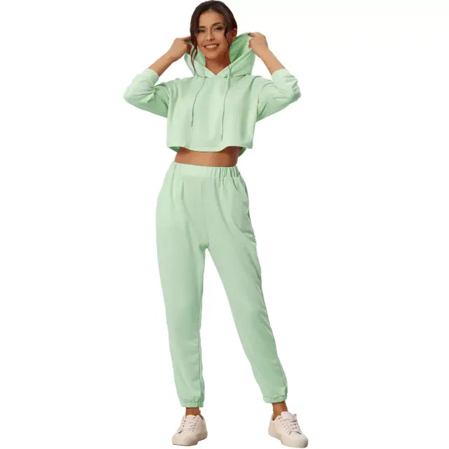 INSPIRE CHIC Womens 2 Piece Outfits Sweatsuit Outfits Hooded Crop Sweatshirt and Jogger Tracksuit Set Green Small