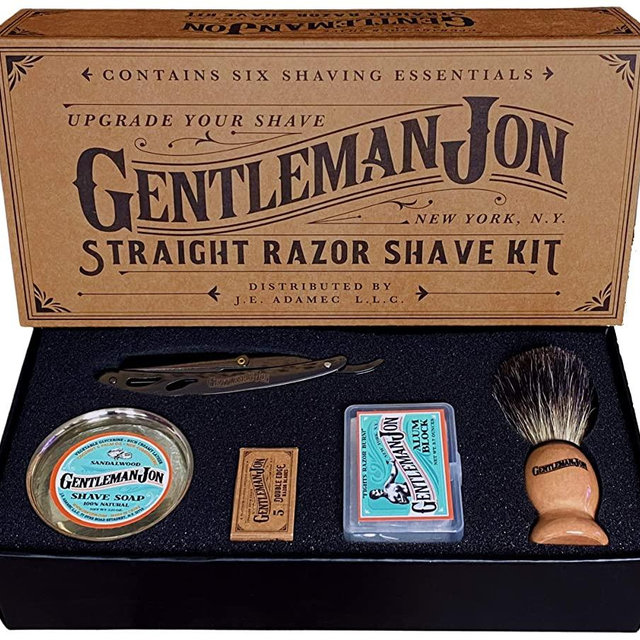 Gentleman Jon Straight Razor Shave Kit | Includes 6 Items: One Straight Razor, One Badger Hair Brush, One Alum Block, One Shave Soap, One Stainless Steel Bowl and A Pack of Razor Blades