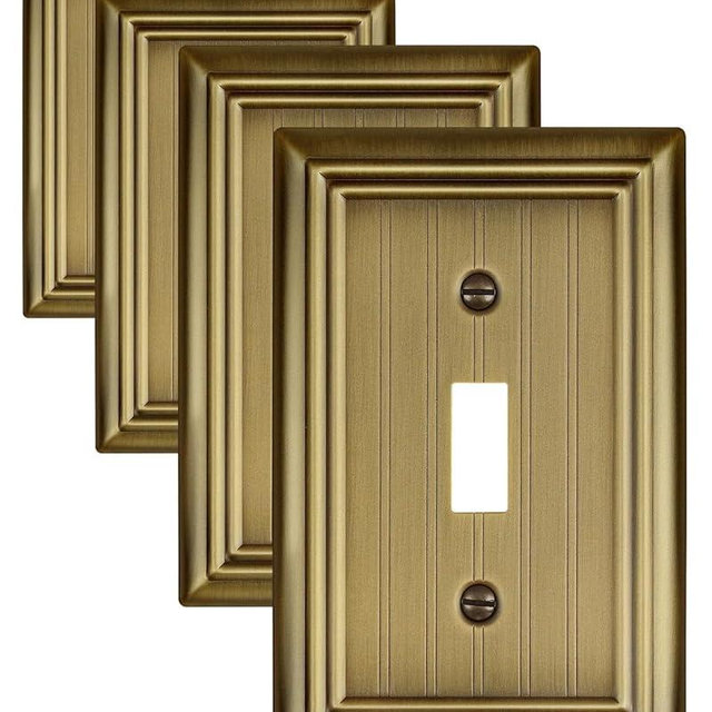ZILLSEA 4-Pack Antique Brass Light Switch Cover Plates, Classic Beadboard Switch Plate Covers, Durable Metal, 3.15''*4.88'', Midsize