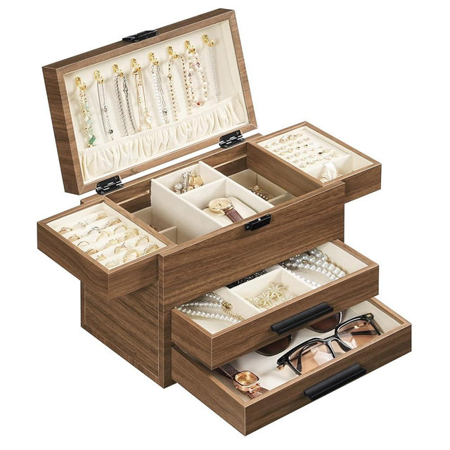 HOOBRO Wooden Jewelry Box for Women Girls, 4-Layer Jewelry Organizer with Vertical Necklace Storage, Large Jewelry Holder Organizer for Earrings, Rings, Bracelets, Walnut BH23JB04