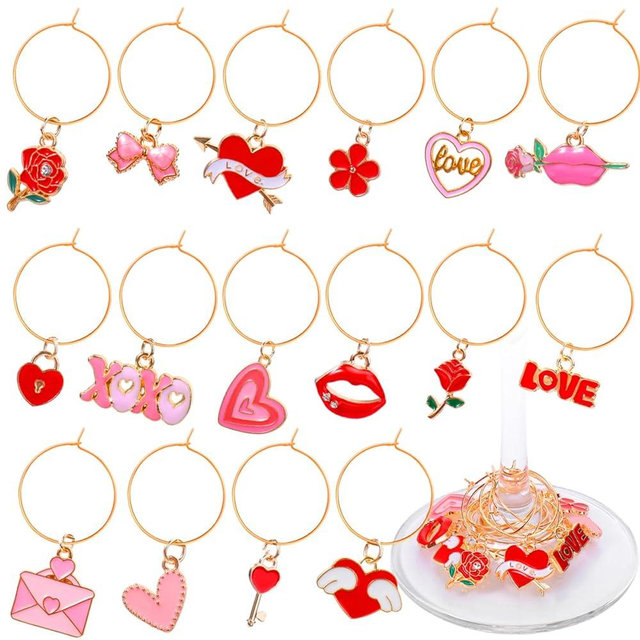 AIERSA Wine Glass Charms for Stem Glasses, 16Pcs Valentines Drink Markers, Funny Wine Charms Glass Identifier Tags With Gold Rings for Valentines Day Party Decorations Alleviating Mixup