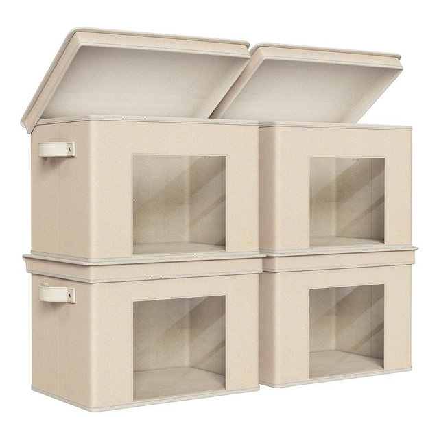Univivi Foldable Fabric Storage Boxes Large Storage Bins with Lids [4-Pack] Collapsible Storage Cubes Organizer Containers Organization Baskets for Home, Bedroom, Closet (Beige, 17“ x 12” x 12")