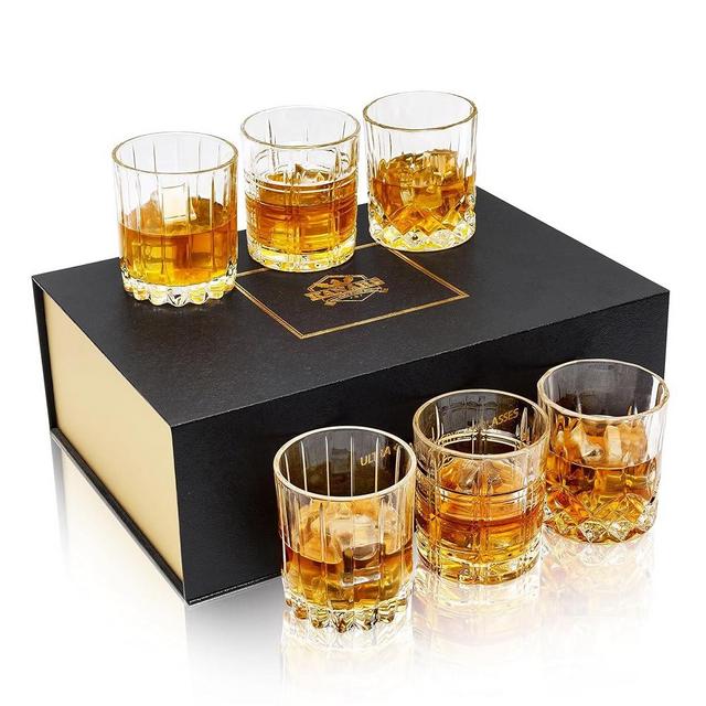 KANARS Whiskey Glasses Mixed, 10 Oz Scotch Glasses Set of 6, Rock Bar Tumblers 3 Patterns in Luxury Gift Box for Birthday, Anniversary, Valentines Day and Wedding
