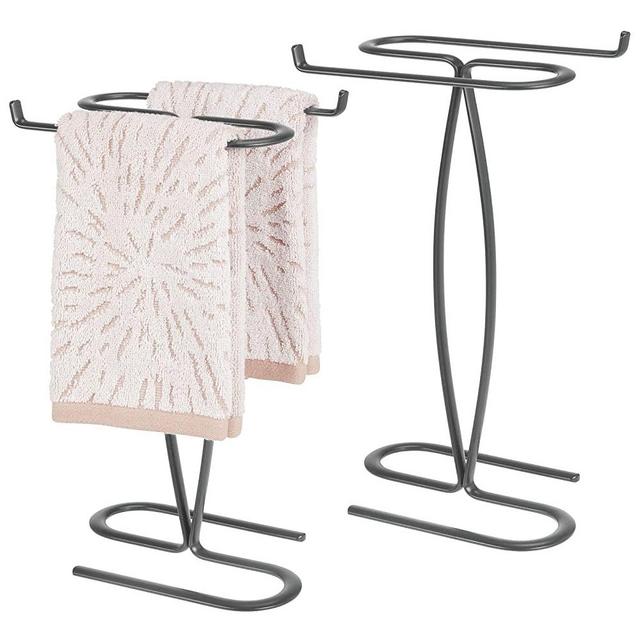 mDesign Decorative Modern Metal Fingertip, Hand Towel Holder Stand - for Bathroom Vanity Countertops to Display and Store Small Guest Towels - 2-Sided, 14" High, 2 Pack - Graphite Gray