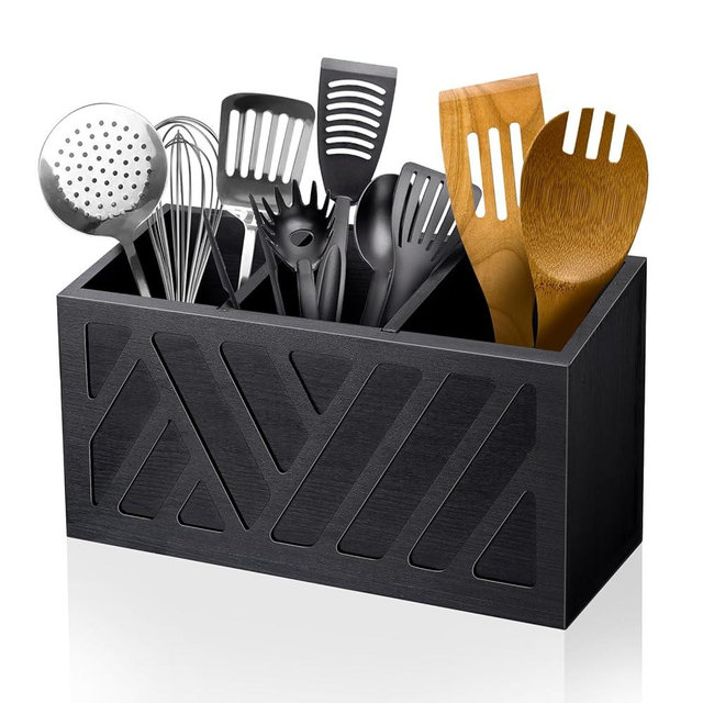 MINCORD Utensil Holder Caddy with 3 Compartments, Wooden Flatware Cutlery Storage Organizer Box Countertop for Silverware Fork Spoon Spatula