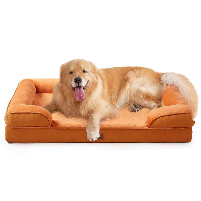 EHEYCIGA Orthopedic Dog Beds for Extra Large Dogs, Waterproof Memory Foam XL Pet Bed with Sides, Non-Slip Bottom and Egg-Crate Foam Big Dog Couch Bed with Washable Removable Cover,Pumpkin Orange