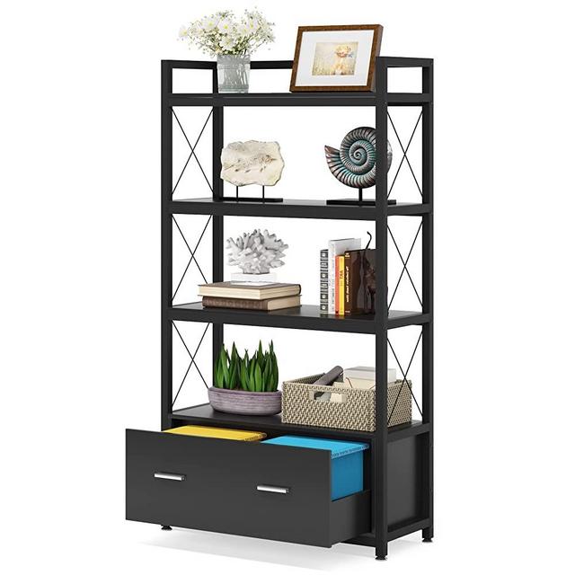 File Cabinet with Drawer, Vertical Lateral Filing Cabinet, Free Standing Storage Cabinet, Letter Size/A4 Size File Cabinet with Storage Shelves for Home Office, Black