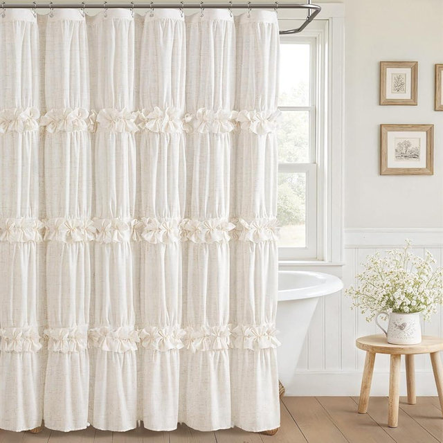 XOGUIBO Linen Ruffle Shower Curtain with Handmade Bow Tie, Vintage Farmhouse Shower Curtain for Bathroom, Cream, 72" W x 72" H