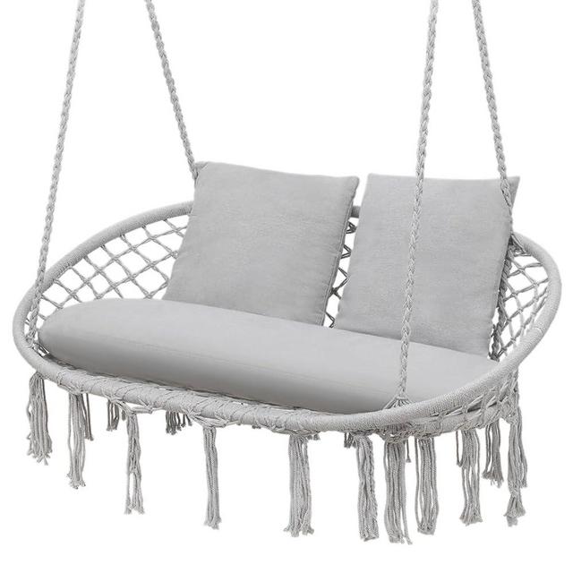 MoNiBloom Outdoor 2 Seat Hammock Chair with 3 Cushion, Indoor/Outdoor Hanging Macrame Swing Boho Chair for Adults, Max 700 lbs Capacity Patio Hanging Chair Porch Hammock Chair Hanging Rope Swing, Grey