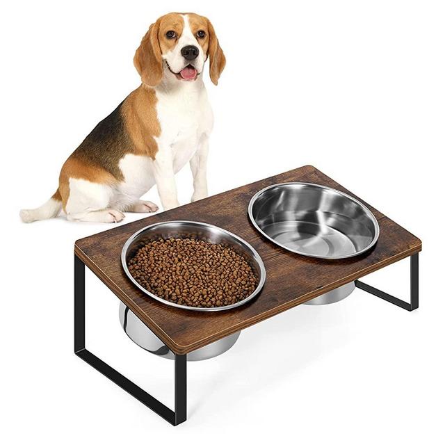 Elevated Dog Bowls, Raised Dog Bowl Stand Feeder for Large Medium Small Size Dogs, Wood Pet Food and Water Bowl with 2 Stainless Steel Bowls