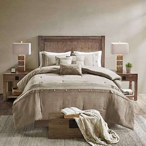 Madison Park Boone 7 Piece Faux Suede Comforter Embroidered Pillows, Bedskirt and Shams Cabin Style Soft Down Alternative Hypoallergenic All Season Bedding-Set, Queen, Tan