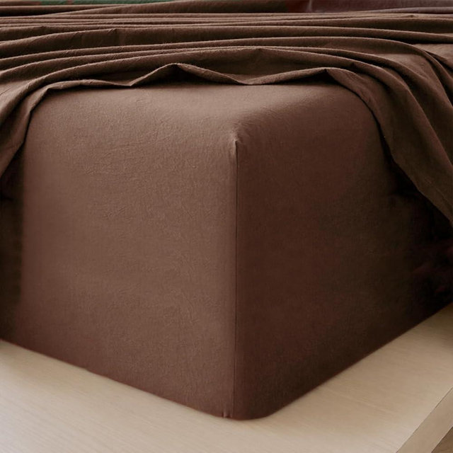 MooMee Fitted Bottom Sheet Only 100% Washed Cotton Linen Like Textured Breathable Durable Soft Comfy Deep Pocket Fits Mattress up to 17" (Cocoa Brown, King)