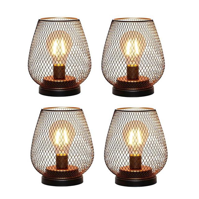 TRIROCKS Set of 4 Battery Operated Lamp LED Table Lantern, Metal Cage Cordless Lamps with LED Bulb，Vintage Decorative Outdoor Lantern for Weddings, Parties, Patio, Events for Indoors Shelf Decor