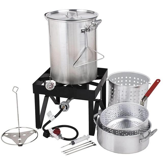 Cooper & Co Backyard Pro Deluxe 30 qt Aluminum Turkey Fryer Steamer Kit | 55000 BTU Cast Iron Liquid Burner Barbecues Fair Clam Bake Pot Heavy Duty 20lbs Capacity | Ideal Outdoor Propane Coo