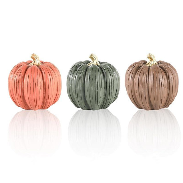 Set of 3 Mini Resin Pumpkins – Hand-Painted Fall Harvest Table Decorations in Brown, Orange & Green, 3.5” Autumn Décor for Thanksgiving Day Farmhouse Styling (Multicolor)