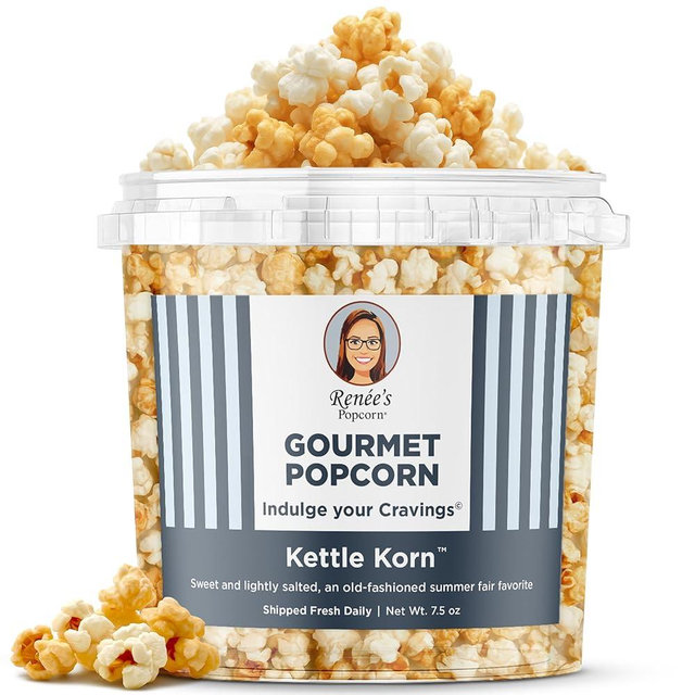 Renée’s Kettle Korn™ Gourmet Popcorn - sugar sweet, salted lightly a delightful, crispy, sweet popped fresh, handmade delightful snack or gift in 1.1-gallon plastic bucket tin, 7.5 oz bulk party size.
