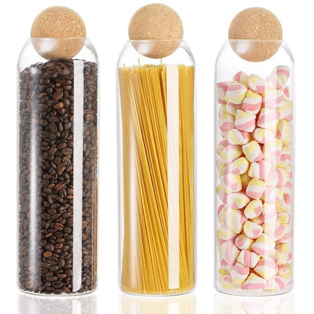 Suwimut 3 Pack Glass Storage Jar with Ball Cork Lid, 50oz/1500ml Glass Food Storage Canister Clear Tall Spaghetti Container with Air Tight Wood Round Cork Stopper for Kitchen Pantry Storage Spice, Coffee, Candy