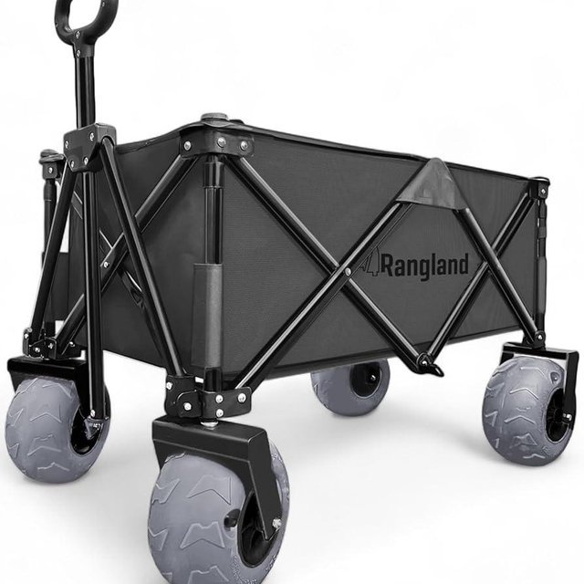 Rangland Beach Cart with Big Air Wheels for Sand - All Terrain Sand Wagon with Large Pneumatic Rubber Tires, Folding Design, Heavy-Duty Steel Frame (Black)