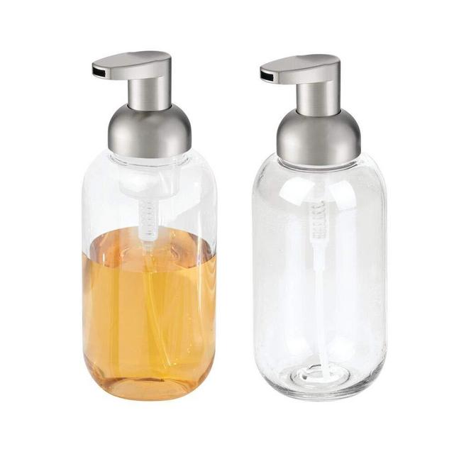 mDesign Modern Refillable Foaming Soap Dispenser Pump Bottle for Bathroom Vanity Countertop, Kitchen and Utility Sink - Save on Soap - Vintage-Inspired, Compact Design - 2 Pack - Clear/Brushed