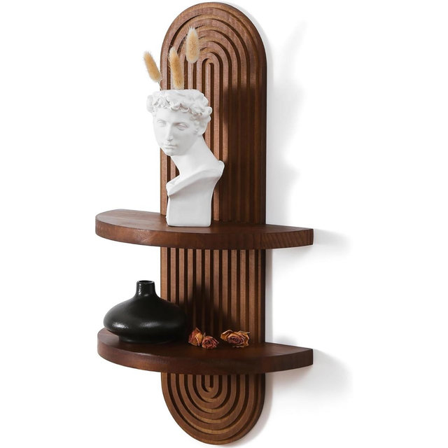 Modern Wall Shelf with Arched Wood Design Mid-Century Double Floating Rainbow Shelves for Indoor Decoration Holding Planter Ornaments, 22 x 11.6 Inch (Walnut)