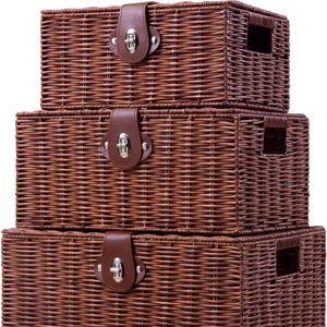 Set of 3 Woven Wicker Storage Basket Box with Lids & Lock, Built-in Carry Handles, Multifunctional Storage Organizer for Nursery, Baby, Clothes, Toys, Books, Large/Medium/Small Size (Natural)