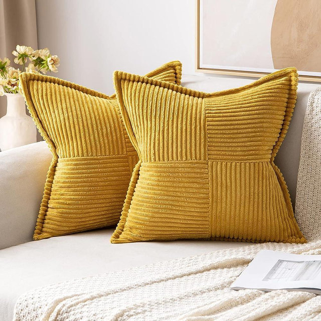 MIULEE Mustard Yellow Pillow Covers 20x20 Inch with Splicing Set of 2 Super Soft Boho Striped Corduroy Pillow Covers Broadside Decorative Textured Fall Throw Pillows for Couch Cushion Livingroom