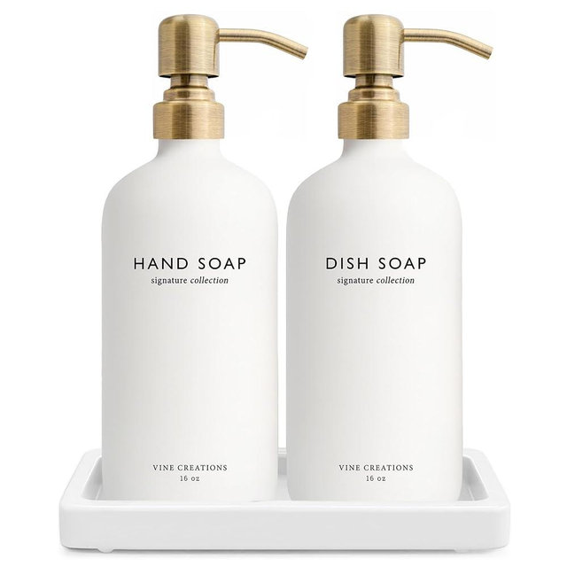 Vine Creations Glass Soap Dispenser Set, Kitchen Soap Dispenser Set with Ceramic Tray, 16 oz Dish Soap and Hand Soap Dispenser Set with Stainless Steel Pump Decor (White Bottle/Brushed Brass)