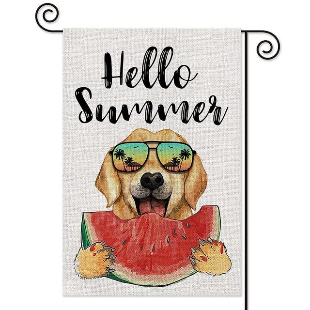 AGMdesign Funny Golden Retriever Garden Flag, Hello Summer Garden Flag, Double Sided Waterproof Burlap Yard Flag Seasonal Summer Outdoor Decoration 12.5 x 18 Inch