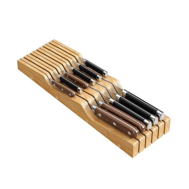 Bamboo In-Drawer Knife Block for 11 Knives(Not Included), Knife Drawer Organizer,Knife Holder Countertop,Block Knife Storage Organizer for Kitchen