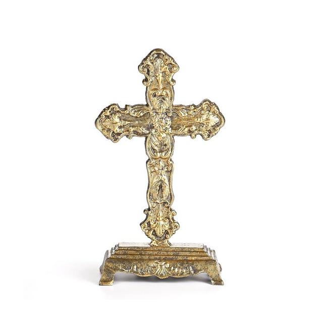 Retrome 12" H Cast Iron Cross Stand Tabletop for Home Decor, Antique Gold