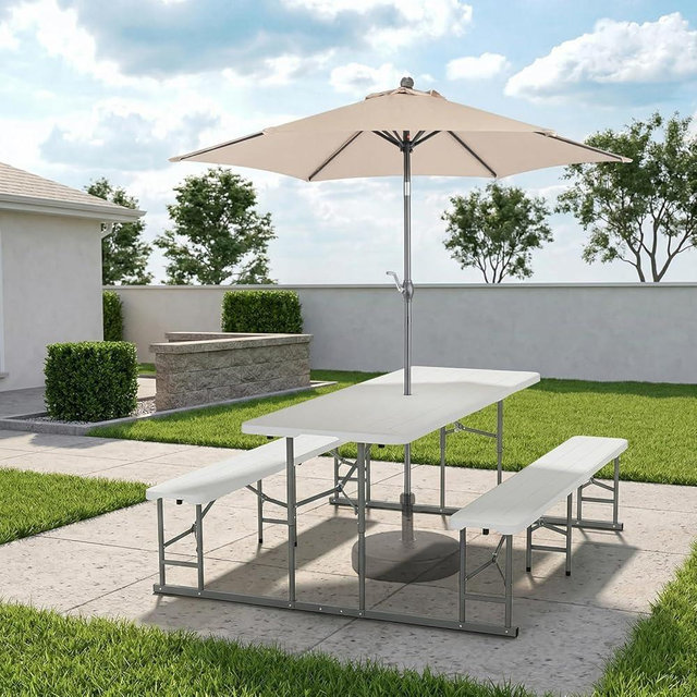 VINGLI Folding Picnic Table and Bench Set with Umbrella, Portable Outdoor Dining Furniture for Camping, Patio, Backyard, Wood Grain Plastic Top with Metal Frame