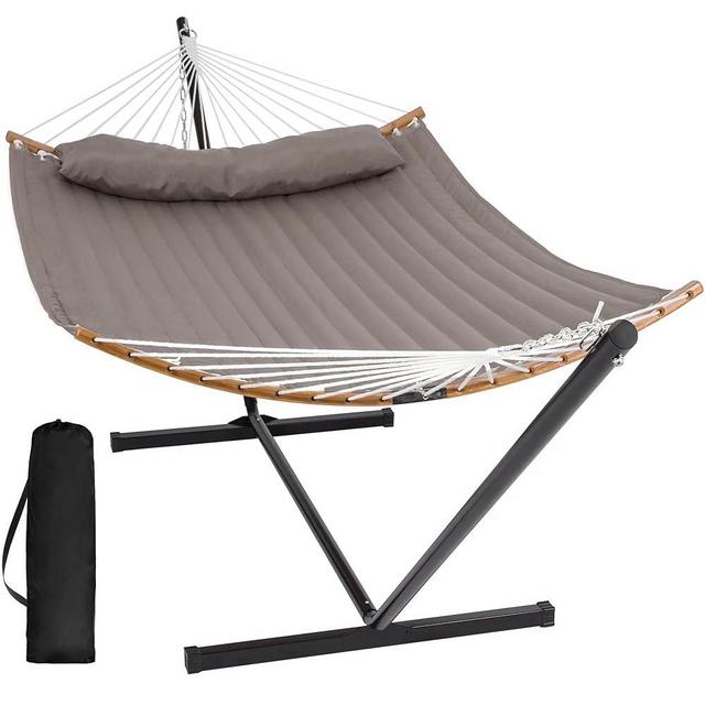 SUNCREAT Hammocks Portable Hammock with Frame, Backyard Double Hammock with Curved Spreader Bar, Brown