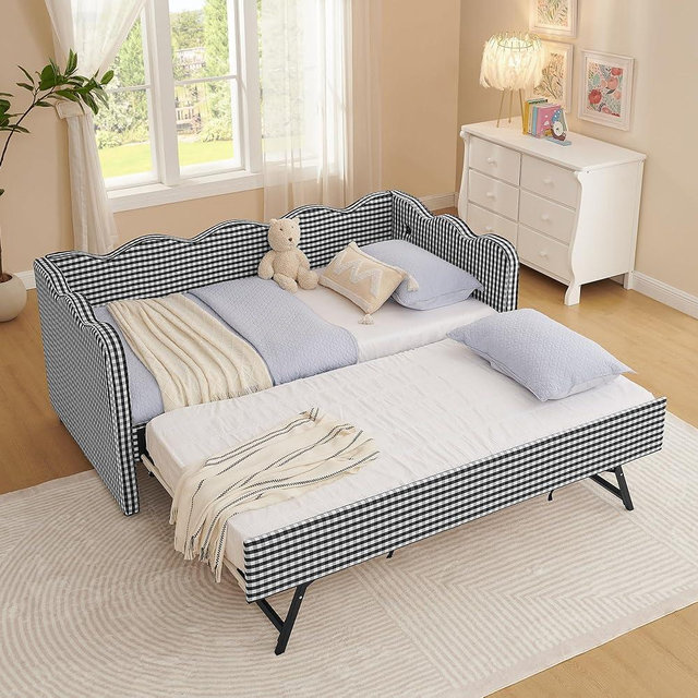 KEIKI Twin Size Upholstery Daybed with Trundle and USB, Twin to King Design Adorable Wave Shaped Extendable Linen Sofa Bed, Easy Assembly, No Box Spring Required, for Living Room and Bedroom, Black