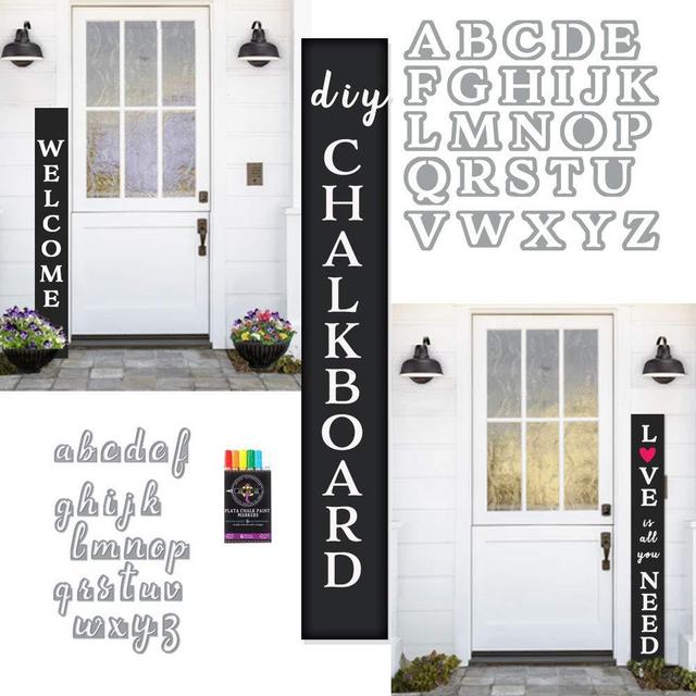 Plata DIY Interchangeable Porch Welcome Sign Craft Gift Set | 58" Chalkboard + Magnet Letter Stencils + 6 Waterproof Chalk Markers | Christmas Farmhouse Sign | Erase for New Years Sign | Football Sign